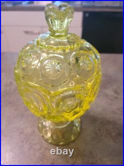 Mid Century Modern MCM Uranium Glass Moon & Stars Pedestal Cov Candy Dish RARE Mid Century Modern MCM Uranium Glass Moon & Stars Pedestal Cov Candy Dish RARE