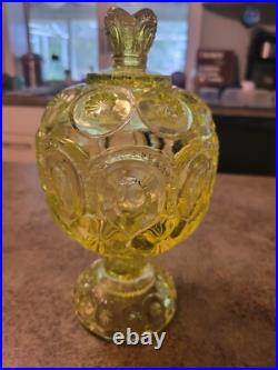 Mid Century Modern MCM Uranium Glass Moon & Stars Pedestal Cov Candy Dish RARE Mid Century Modern MCM Uranium Glass Moon & Stars Pedestal Cov Candy Dish RARE