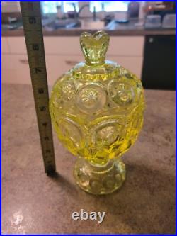 Mid Century Modern MCM Uranium Glass Moon & Stars Pedestal Cov Candy Dish RARE Mid Century Modern MCM Uranium Glass Moon & Stars Pedestal Cov Candy Dish RARE
