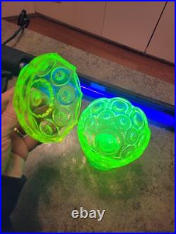 Mid Century Modern MCM Uranium Glass Moon & Stars Pedestal Cov Candy Dish RARE Mid Century Modern MCM Uranium Glass Moon & Stars Pedestal Cov Candy Dish RARE