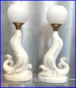 Mid Century Modern PAIR Seal/Sea Lion Table Lamps Hollywood Regency White & Gold