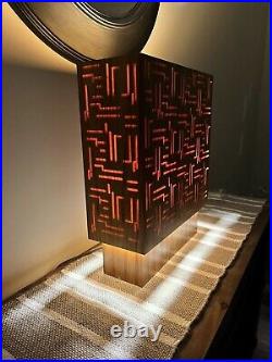 Mid Century Modern Rare Layered Wood Veneer Carved Lamp