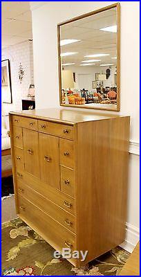 Mid Century Modern Rare Paul Frankl Highboy Dresser & Mirror Satin Birch & Brass