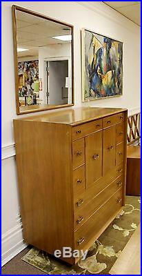 Mid Century Modern Rare Paul Frankl Highboy Dresser & Mirror Satin Birch & Brass