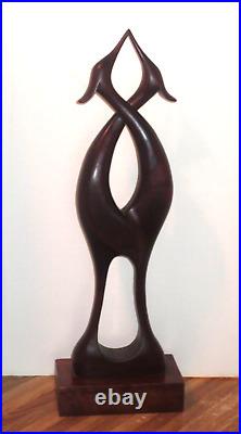 Mid-Century Modern Rare X Lg Hand Carved Teak Wood Bird Sculpture, Signed Mid-Century Modern Rare X Lg Hand Carved Teak Wood Bird Sculpture, Signed