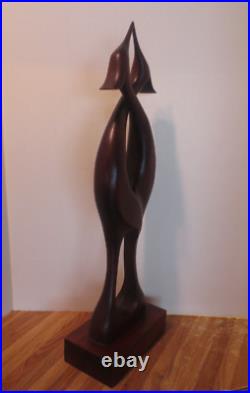 Mid-Century Modern Rare X Lg Hand Carved Teak Wood Bird Sculpture, Signed Mid-Century Modern Rare X Lg Hand Carved Teak Wood Bird Sculpture, Signed