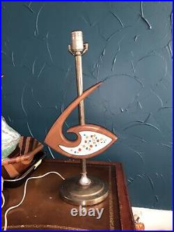 Mid Century Modern Teak And Ceramic Lamp Atomic Danish Sputnik 1950's Rare