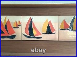 Mid Century Modern Teak wall art sailboat Enamel Tiles Copper Rare WEURSCH 60's