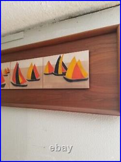Mid Century Modern Teak wall art sailboat Enamel Tiles Copper Rare WEURSCH 60's