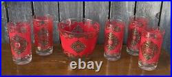 Mid-Century VTG Rare MCM 5 Red & Gold Highball Glasses Barware & Ice Bucket