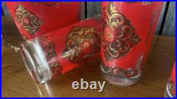 Mid-Century VTG Rare MCM 5 Red & Gold Highball Glasses Barware & Ice Bucket