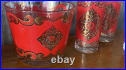Mid-Century VTG Rare MCM 5 Red & Gold Highball Glasses Barware & Ice Bucket