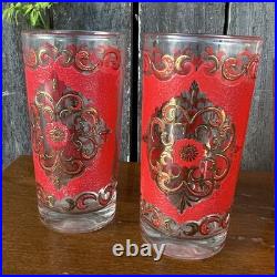 Mid-Century VTG Rare MCM 5 Red & Gold Highball Glasses Barware & Ice Bucket