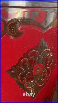 Mid-Century VTG Rare MCM 5 Red & Gold Highball Glasses Barware & Ice Bucket