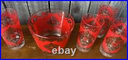 Mid-Century VTG Rare MCM 5 Red & Gold Highball Glasses Barware & Ice Bucket