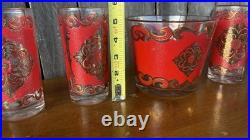 Mid-Century VTG Rare MCM 5 Red & Gold Highball Glasses Barware & Ice Bucket