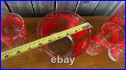 Mid-Century VTG Rare MCM 5 Red & Gold Highball Glasses Barware & Ice Bucket