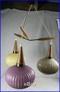 Mid century Rare multi colour Teak wood globes chandelier pendant louis kalff