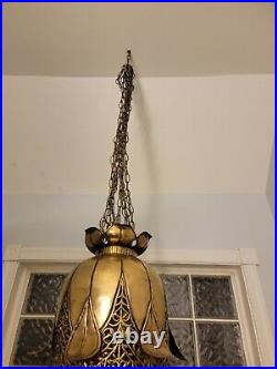 Mid century modern MCM Brass Bell Morroccan Lamp Fixture w pull RARE artichoke