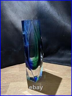 Mid century modern hand blown rare large Murano Sommerso Cobalt And Emerald vase