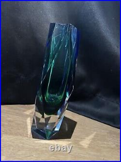 Mid century modern hand blown rare large Murano Sommerso Cobalt And Emerald vase