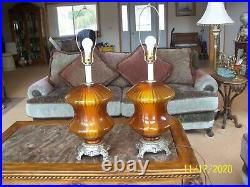 Novelty Crystal Corporation Rare Honey Amber Vtg Large Matching Table Lamps 1975
