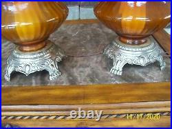 Novelty Crystal Corporation Rare Honey Amber Vtg Large Matching Table Lamps 1975