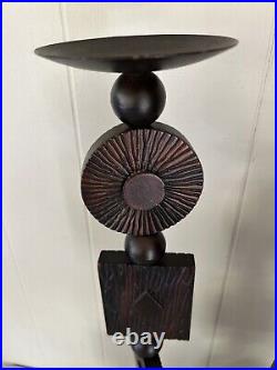 Pair Of Mid Century Modern Wood Goth Rare Brutalist Candle Holders