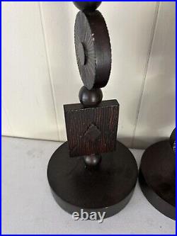 Pair Of Mid Century Modern Wood Goth Rare Brutalist Candle Holders