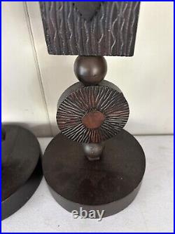 Pair Of Mid Century Modern Wood Goth Rare Brutalist Candle Holders