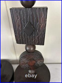 Pair Of Mid Century Modern Wood Goth Rare Brutalist Candle Holders