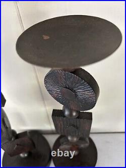 Pair Of Mid Century Modern Wood Goth Rare Brutalist Candle Holders