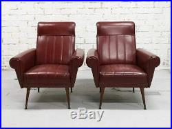 Pair of Rare Vintage Mid-Century Modern Burgundy Faux leather Club Lounge Chairs