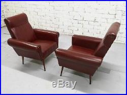 Pair of Rare Vintage Mid-Century Modern Burgundy Faux leather Club Lounge Chairs