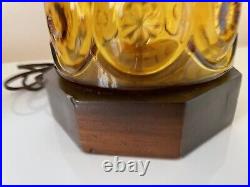 Pair of Very Rare Mid Century Modern LE Amber Glass Moon and Star Wooden Lamps