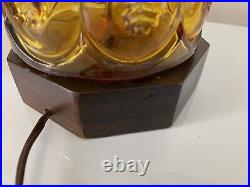 Pair of Very Rare Mid Century Modern LE Amber Glass Moon and Star Wooden Lamps