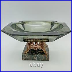 RARE 1940s SMOKED GLASS ASHTRAY Marble Base BRASS Art Deco MID CENTURY Modern 8