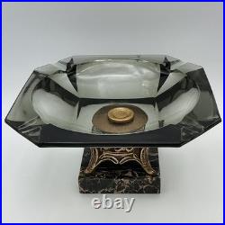 RARE 1940s SMOKED GLASS ASHTRAY Marble Base BRASS Art Deco MID CENTURY Modern 8