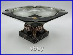RARE 1940s SMOKED GLASS ASHTRAY Marble Base BRASS Art Deco MID CENTURY Modern 8