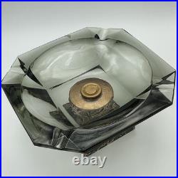 RARE 1940s SMOKED GLASS ASHTRAY Marble Base BRASS Art Deco MID CENTURY Modern 8