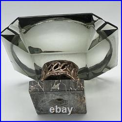 RARE 1940s SMOKED GLASS ASHTRAY Marble Base BRASS Art Deco MID CENTURY Modern 8