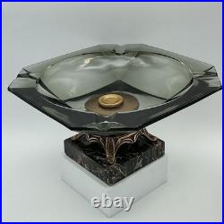 RARE 1940s SMOKED GLASS ASHTRAY Marble Base BRASS Art Deco MID CENTURY Modern 8