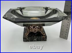 RARE 1940s SMOKED GLASS ASHTRAY Marble Base BRASS Art Deco MID CENTURY Modern 8