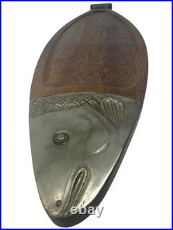 RARE 1960's MCM Fish Platter Teak Pewter Serving Board Japan 26.5 MINT withBOX