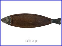 RARE 1960's MCM Fish Platter Teak Pewter Serving Board Japan 26.5 MINT withBOX