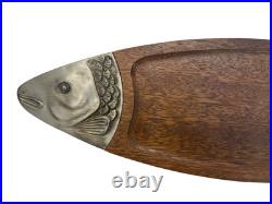 RARE 1960's MCM Fish Platter Teak Pewter Serving Board Japan 26.5 MINT withBOX