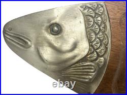 RARE 1960's MCM Fish Platter Teak Pewter Serving Board Japan 26.5 MINT withBOX