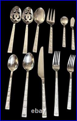 RARE 71pc Set Pfaltzgraff Stainless CORONA Mid-century Modern Art Deco Serves 13