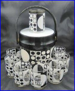 RARE Bartrix Retro MCM MOD Black White Old fashioned Tumblers + Ice Bucket 9 pcs