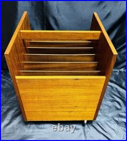 RARE Bruksbo Norway Mid-Century Modern Teak Rolling Magazine/ Book Rack
